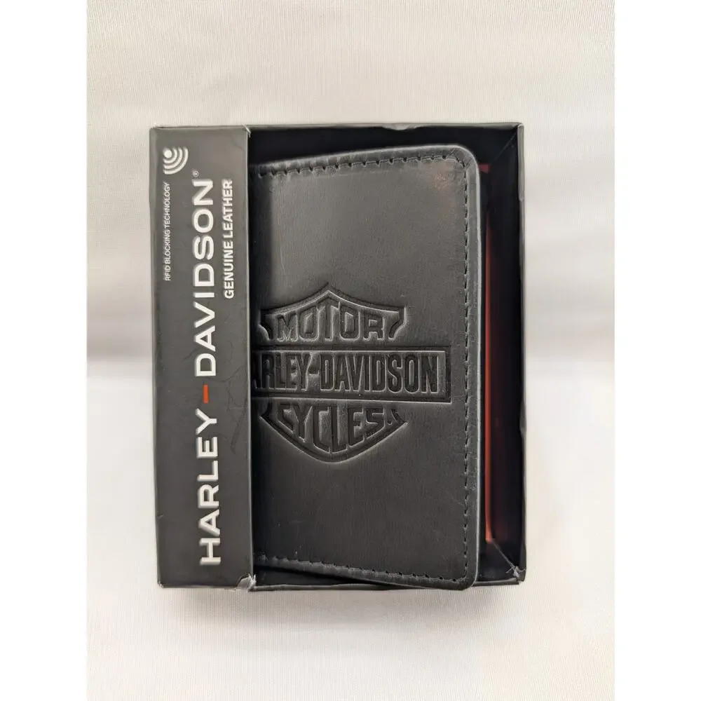 New Harley Davidson Men's Leather RFID Blocking Trifold Leather Wallet in Black